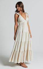 Nicollee Midi Linen Blend Dress - Plunge Neck Sleeveless Tiered Dress in Natural