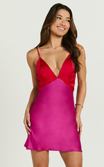 Quincy Mini Dress - Contrast Panel Satin Slip Dress in Red/Pink