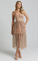 Rimea Midi Dress - Tie Shoulder Bustier Bodice Glitter Tulle Dress in Gold