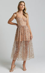 Rimea Midi Dress - Tie Shoulder Bustier Bodice Glitter Tulle Dress in Gold