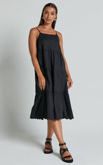 Siony Midi Dress - Scoop Neck Strappy Scallop Hem Tiered Dress in Black