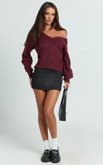 Tiana Sweater - V Neck Long Sleeve Knit Sweater in Burgundy
