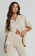 Tommy Two Piece Set - Knit Button Through Top and Pants Two Piece Set in Sand