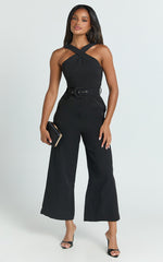 Tracy Jumpsuit - Diamond Neck Belted Straight Leg Jumpsuit in Black