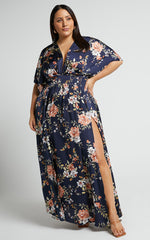Vacay Ready Maxi Dress - Plunge Thigh Split Dress in Navy Multi Floral