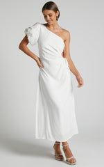 Victoria Midi Dress - Linen One Shoulder Puff Sleeve Cut Out Dress in White
