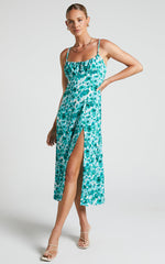Willa Midi Dress - Ruched Bust Thigh Split Dress in Blurred Turquoise Floral