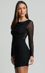 Zita Mini Dress - High Neck Long Sleeve Bodycon Mesh Dress in Black